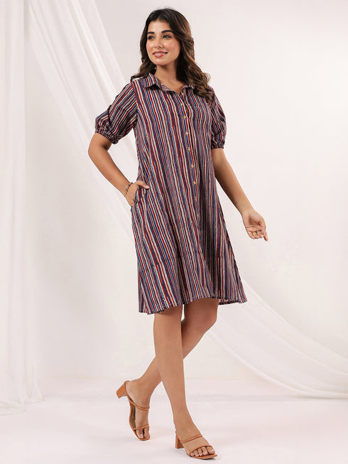 Janasya Women's Multicolor Pure Cotton Striped A-line Dress